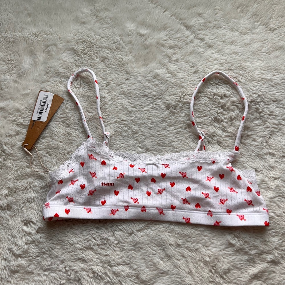 SKIMS Lightweight Cotton Pointelle Scoop Bralette Snow Arrowed Hearts Small NWT